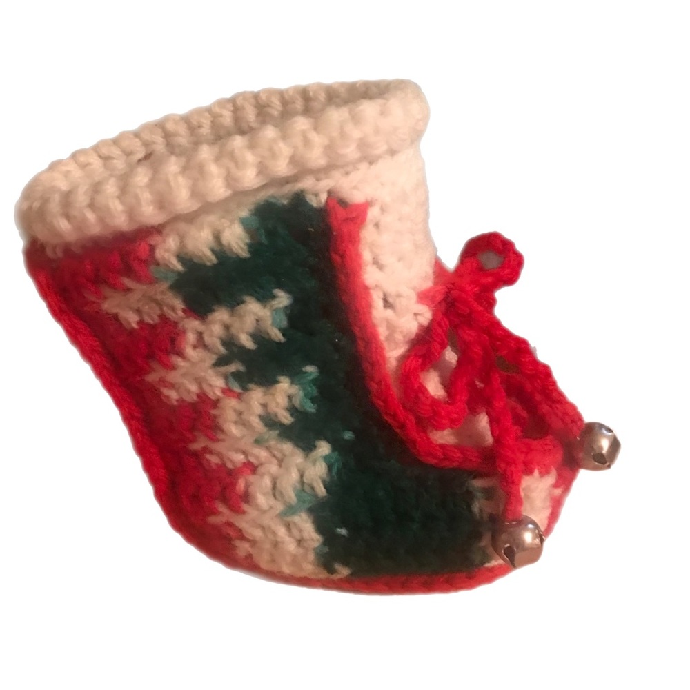 Vintage Hand Crocheted Christmas Stocking Boot Booty Candy Cane Holder w/ Bells